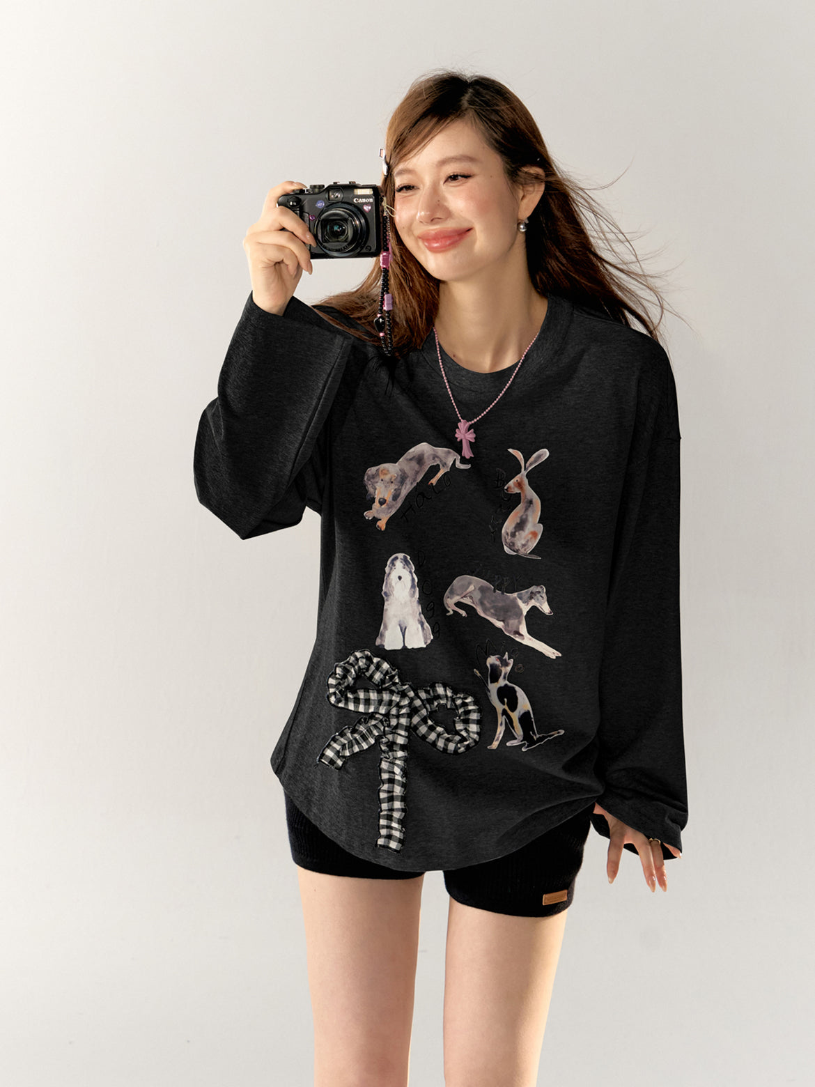 Cartoon Print 3D Bow Crew Neck Long Sleeve