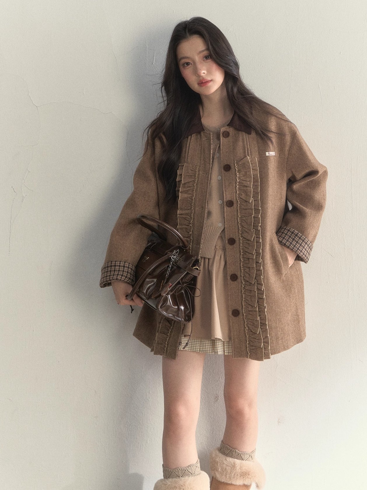 Vintage Khaki Wool Blend Ruffle-Trim Coat