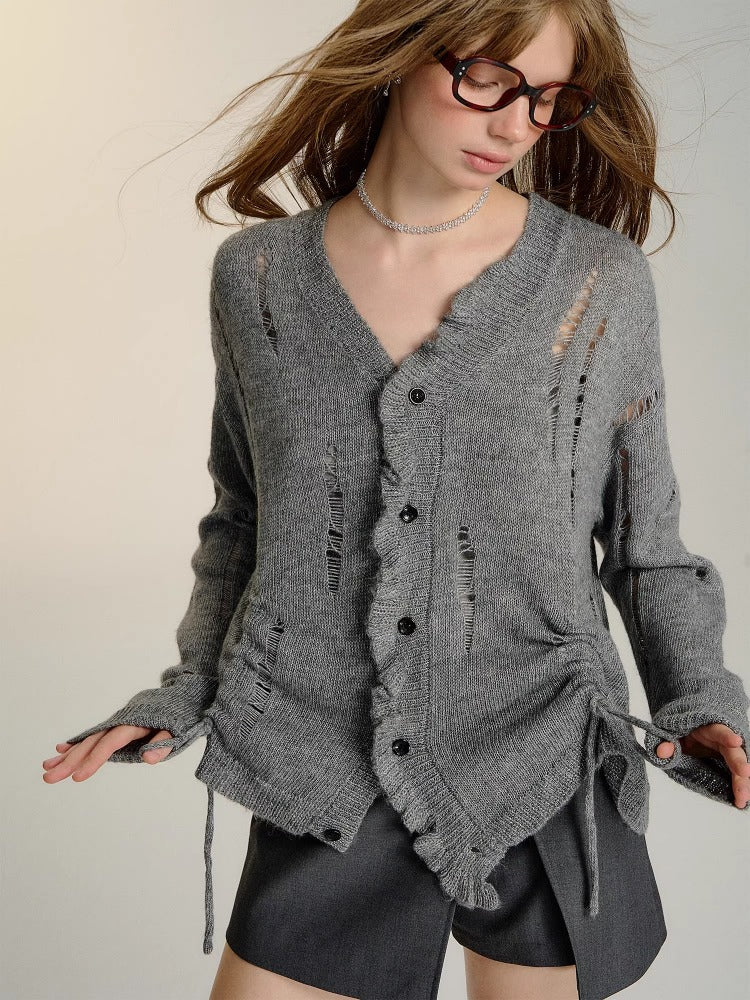 Gray Ruched Knit Cardigan