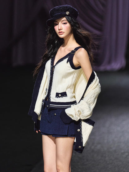 Contrast-Trim Knit Cardigan &amp; Vest Set