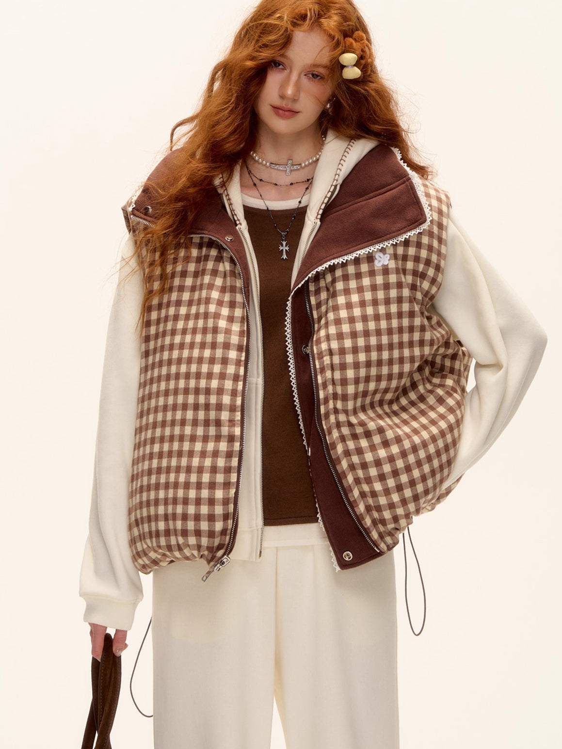 Reversible Plaid Lace-Trim Padded Vest