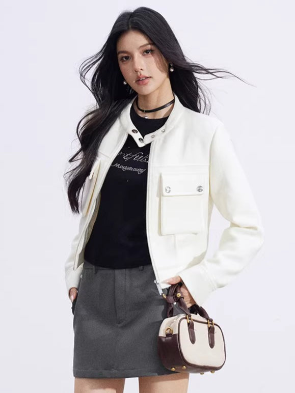 Chic Stand-Collar Tweed-Style Short Jacket