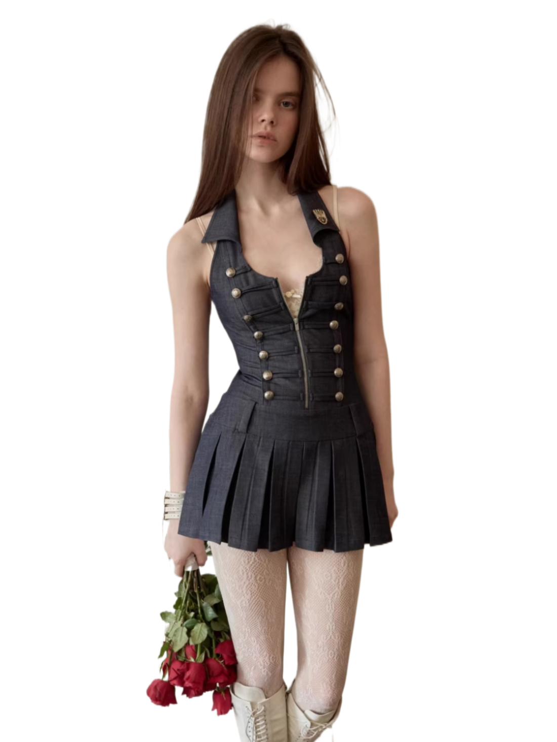 Court-Style Double-Breasted Open-Back Pleated Dress