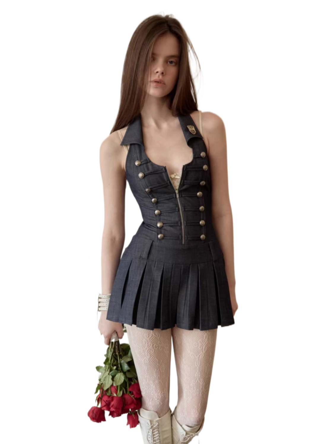 Court-Style Double-Breasted Open-Back Pleated Dress