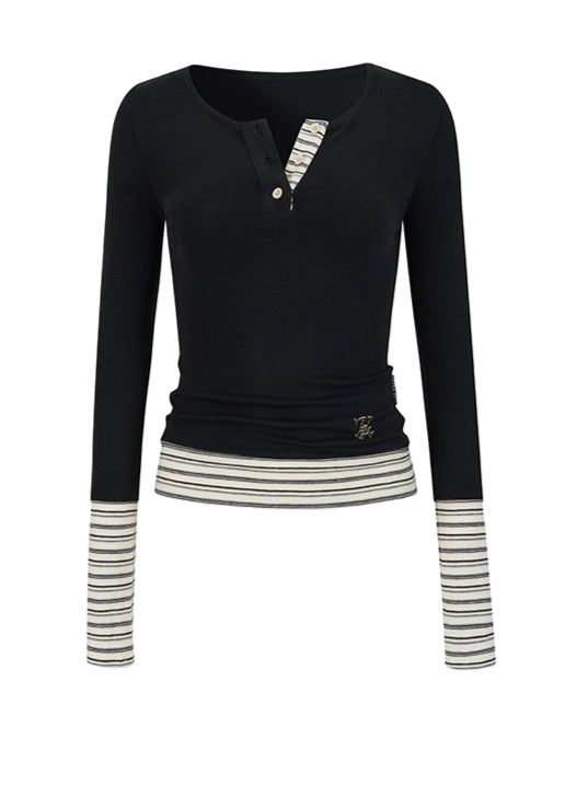 Stripe Patchwork Base Layer Long-Sleeve T-Shirt