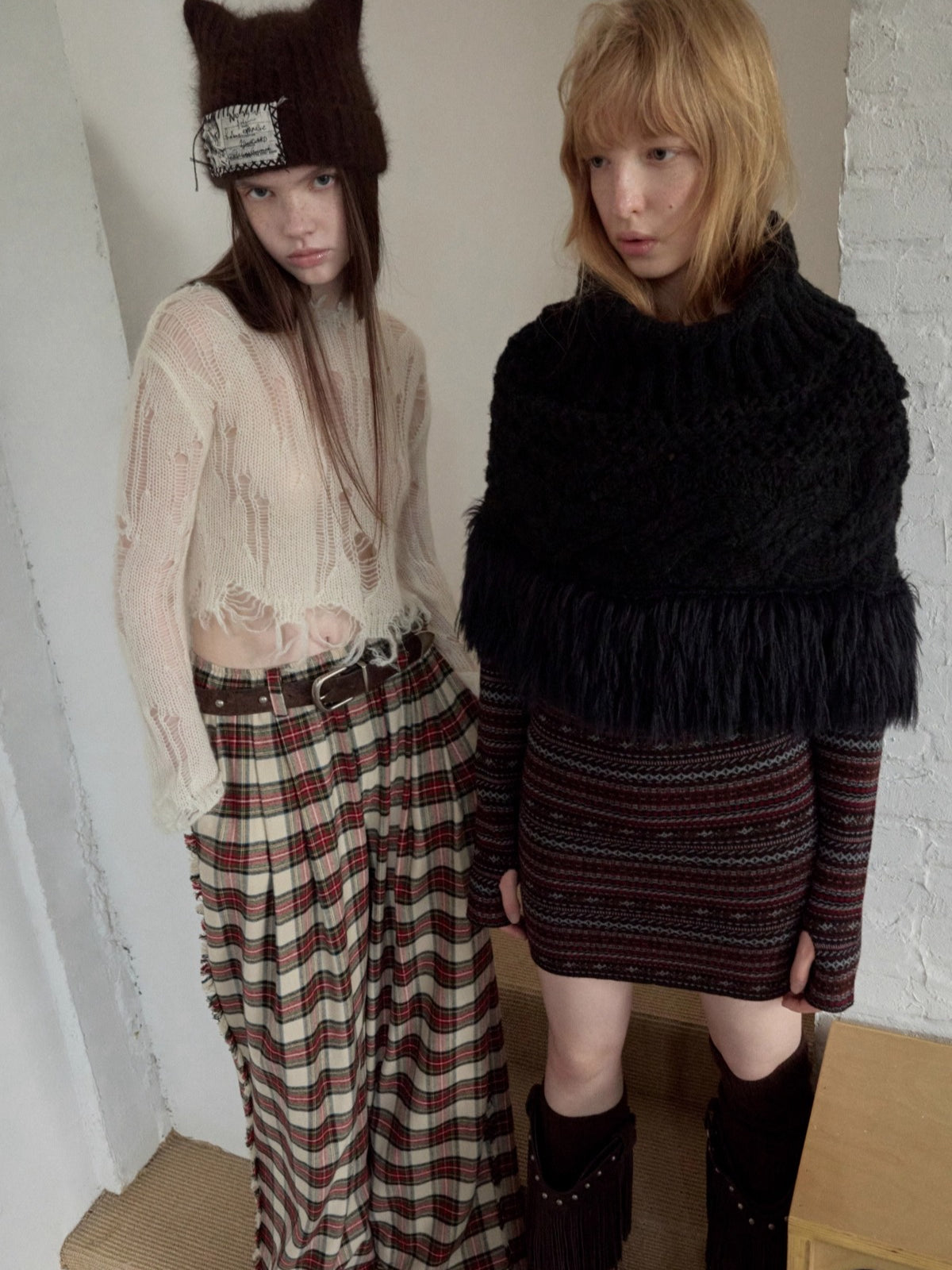 Cable Knit Fringed High-Neck Wool Blend Poncho