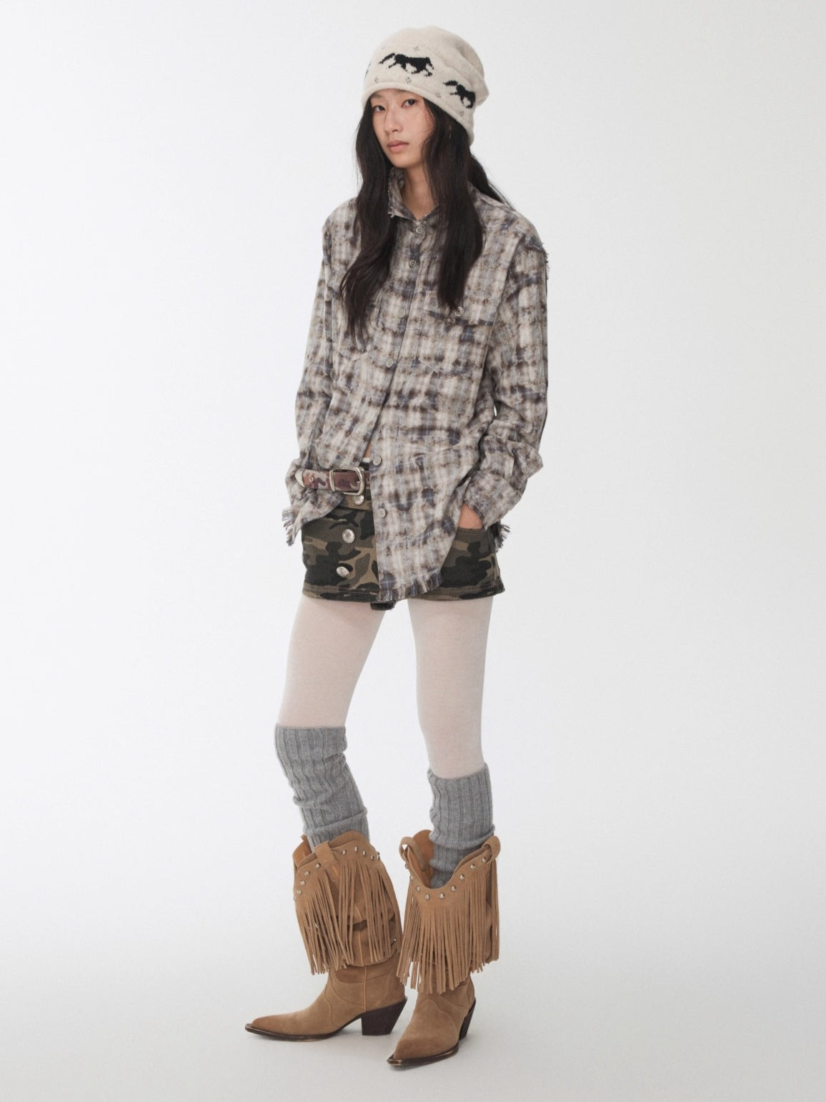 Washed Plaid Frayed-Edge Fitted Shirt