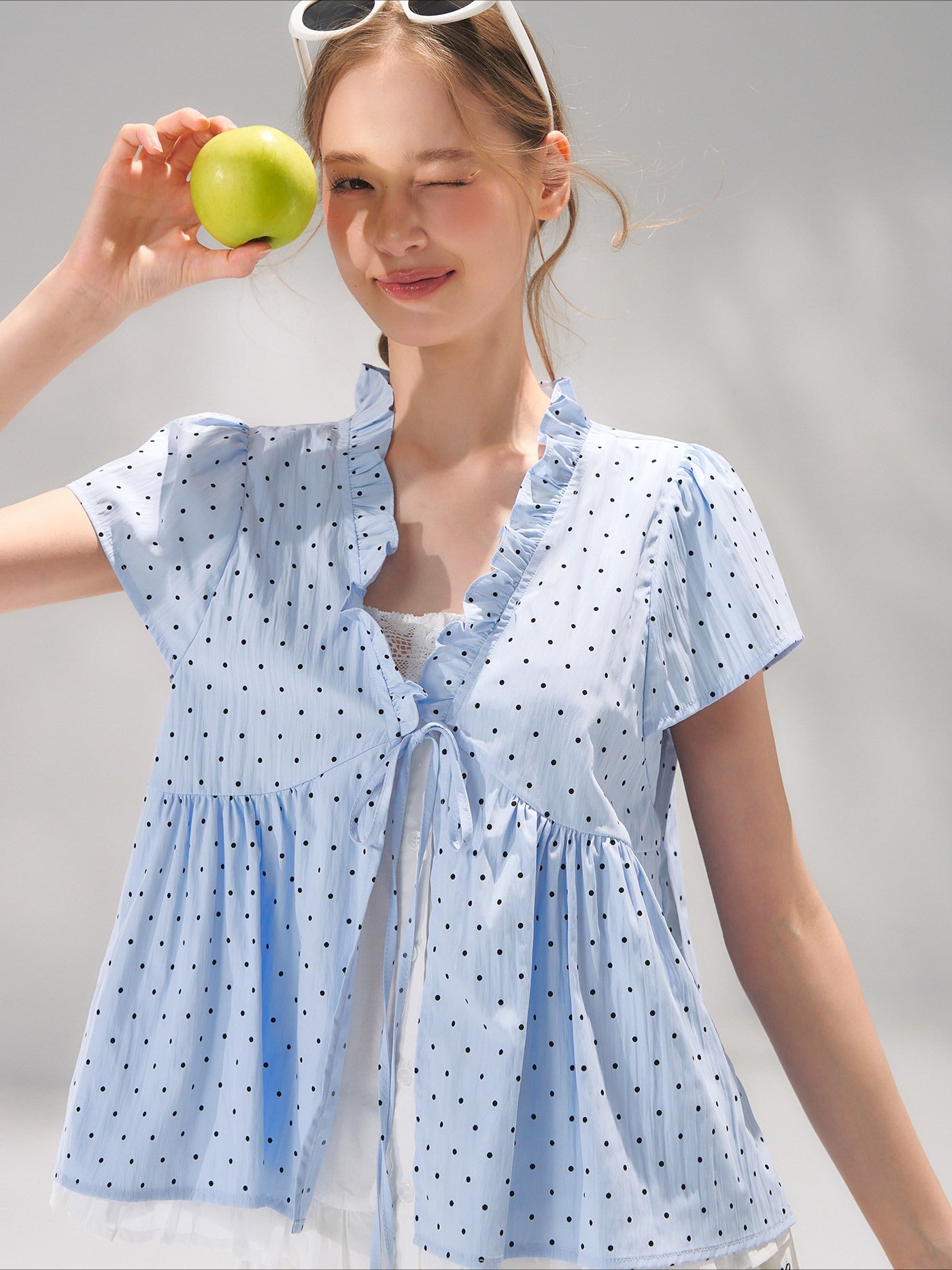 Ruffled Trim Polka Dot Layered Blouse