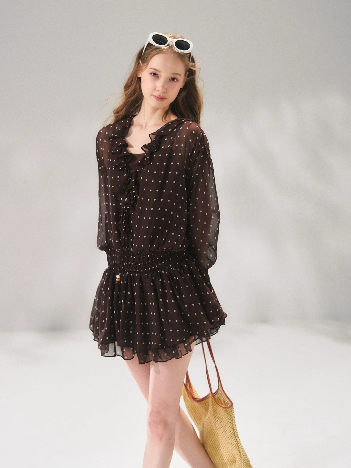 Beaded Ruffle-Trim Chiffon Mini Dress