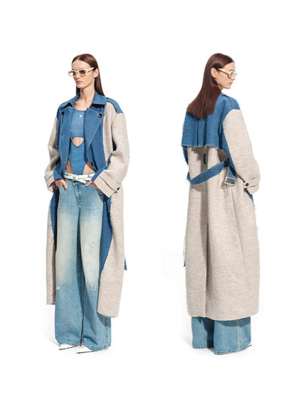 “Caracal Series” Washed Twill Patchwork Wool Denim Trench Coat