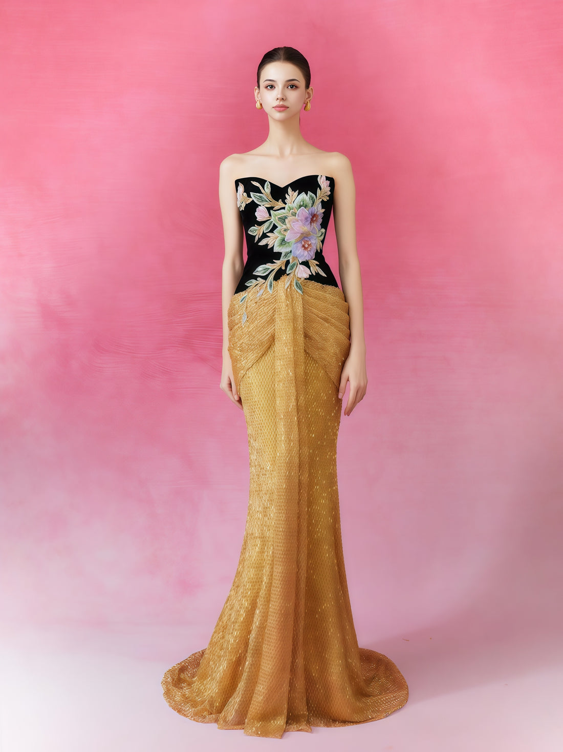 Floral Embroidered Velvet &amp; Gold Sequin Mermaid Gown