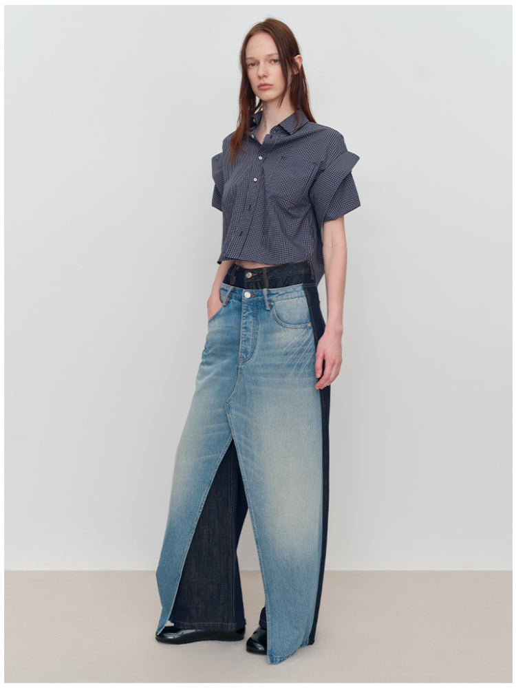 Spliced Fake Two-Piece Wide-Leg Jeans - CHINASQUAD
