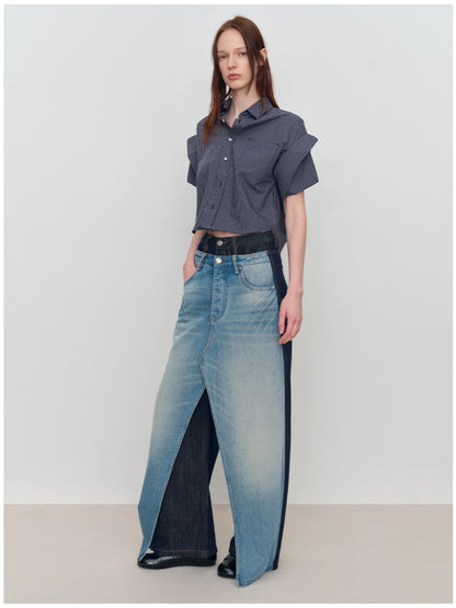 Spliced Fake Two-Piece Wide-Leg Jeans - CHINASQUAD