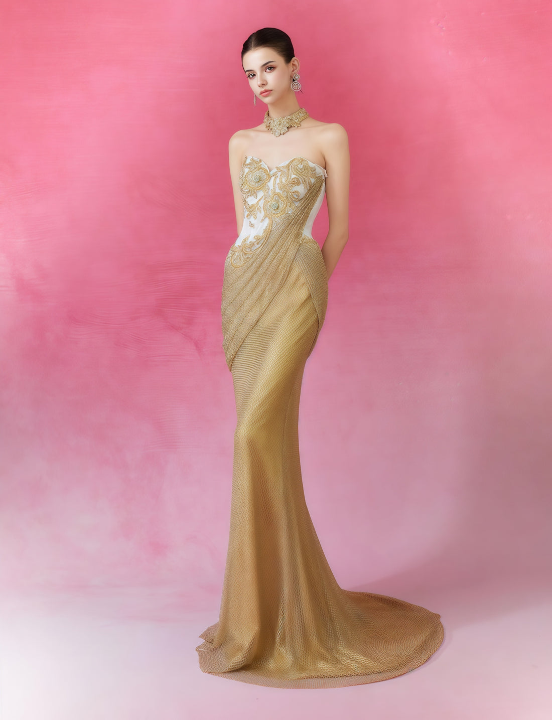 Golden Baroque Embroidered Off-Shoulder Mermaid Gown