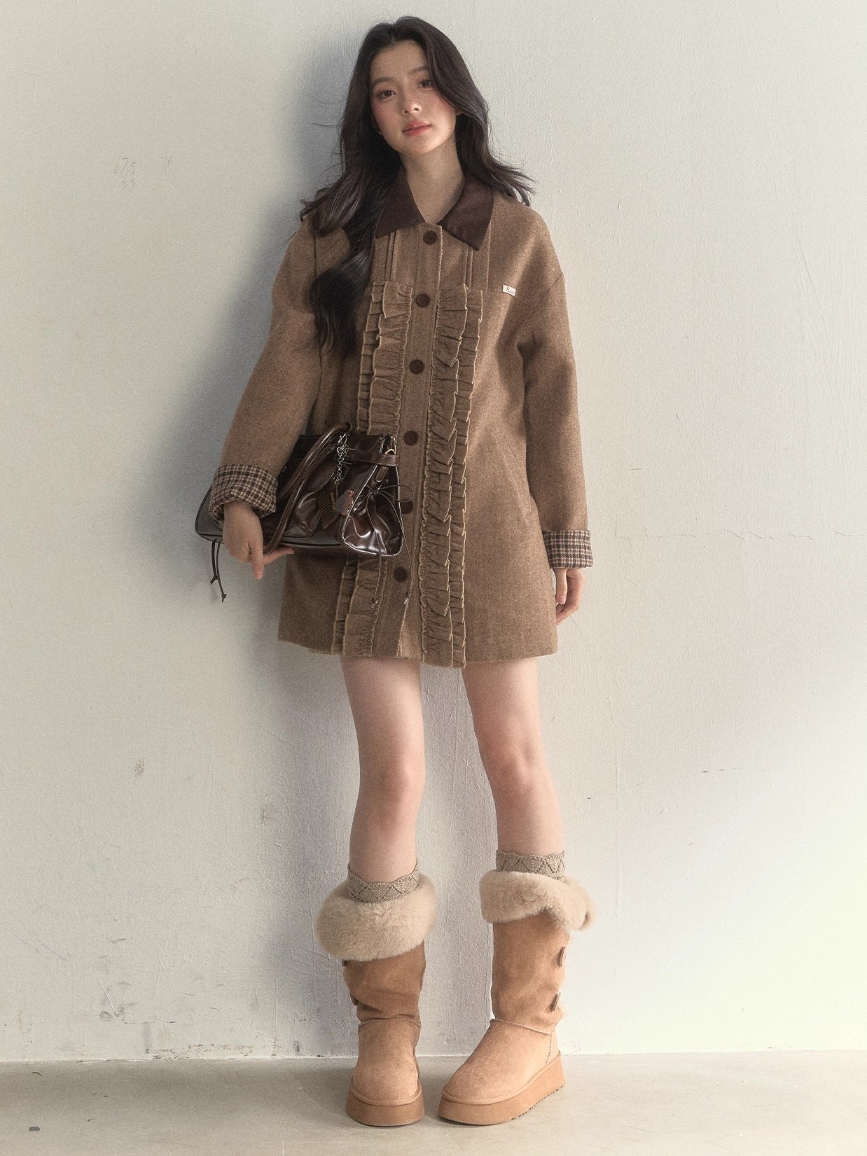 Vintage Khaki Wool Blend Ruffle-Trim Coat
