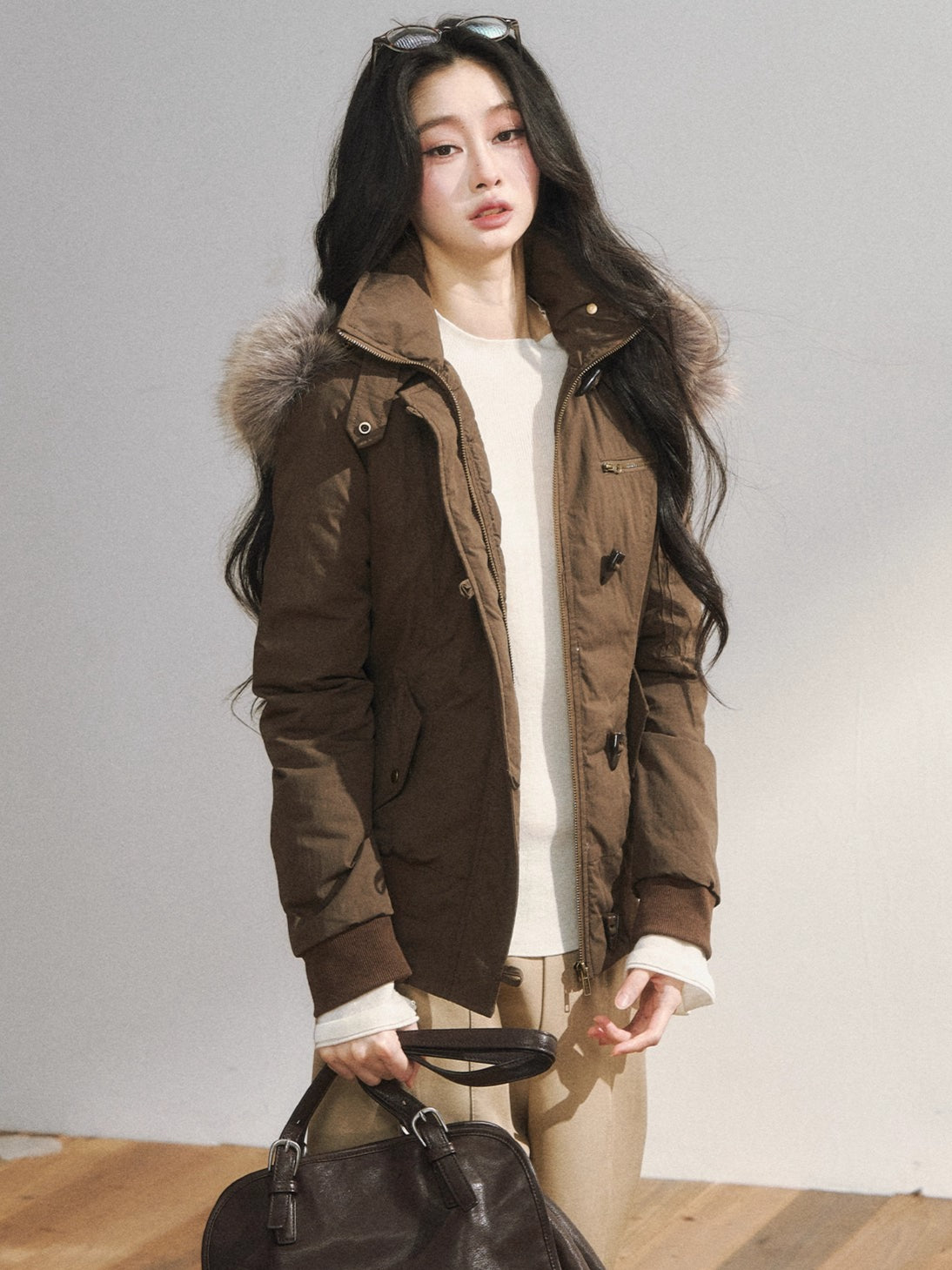 Two-Tone Faux Fur Collar Hooded Duffle Puffer Jacket