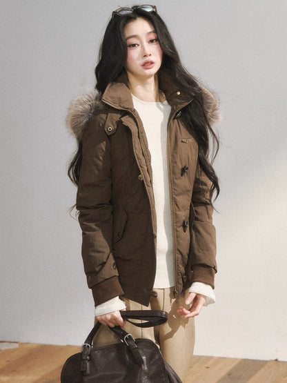 Two-Tone Faux Fur Collar Hooded Duffle Puffer Jacket
