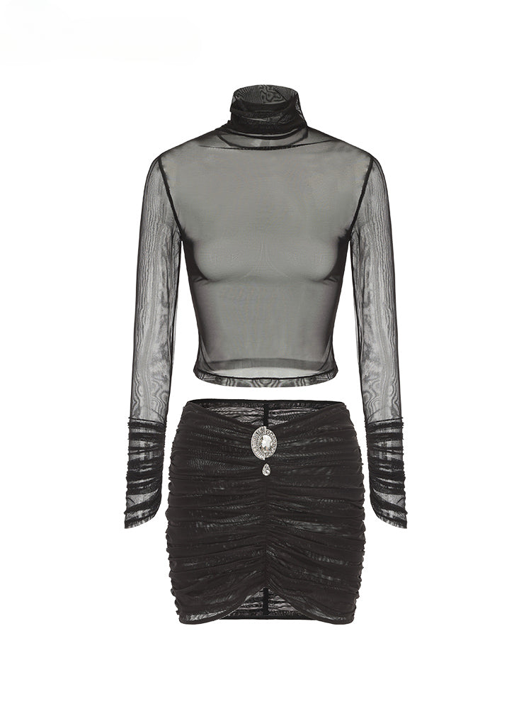 High-Neck Sheer Stretch Top &amp; Rhinestone Mesh Skirt