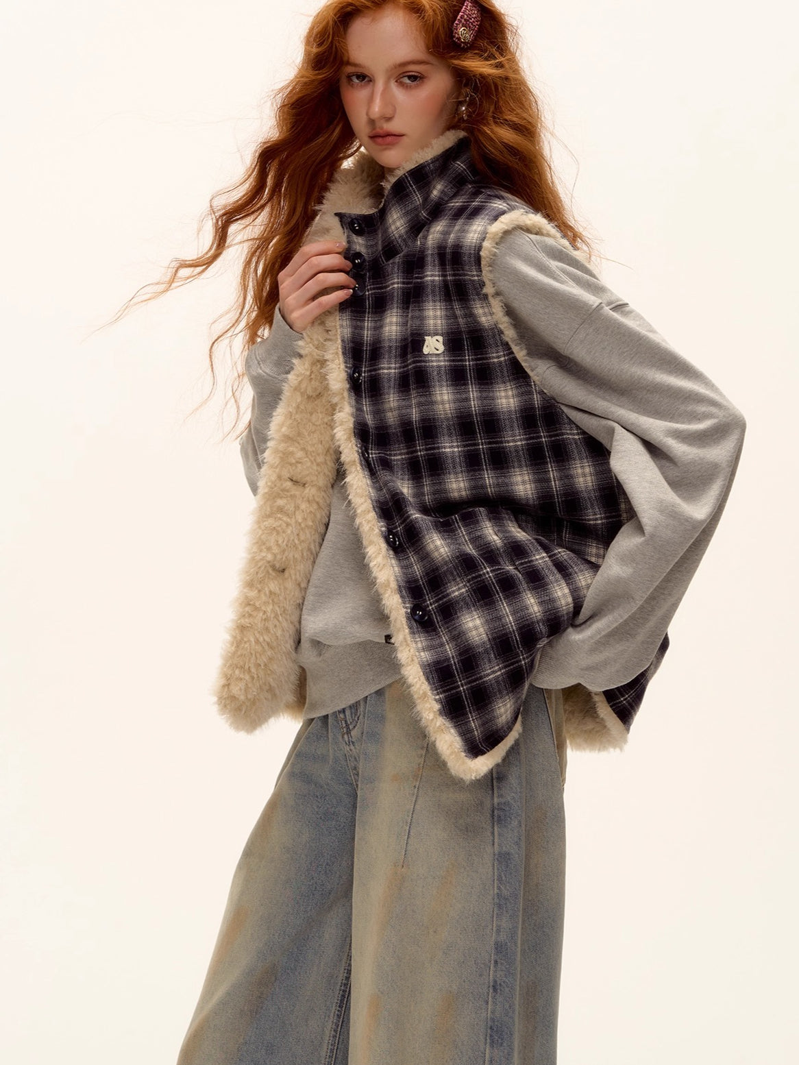 Reversible Plaid Fleece Button-Up Vest