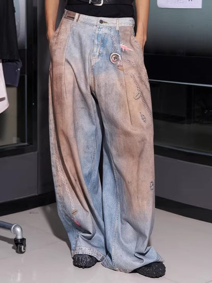 3D Ocean Print Oversized Denim Pants
