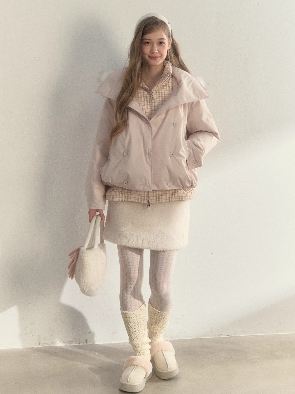Khaki &amp; Pink Double-Breasted Layered Down Jacket