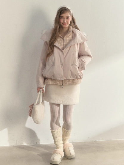 Khaki &amp; Pink Double-Breasted Layered Down Jacket