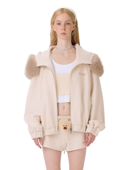 Detachable Plush Collar Hooded Jacket