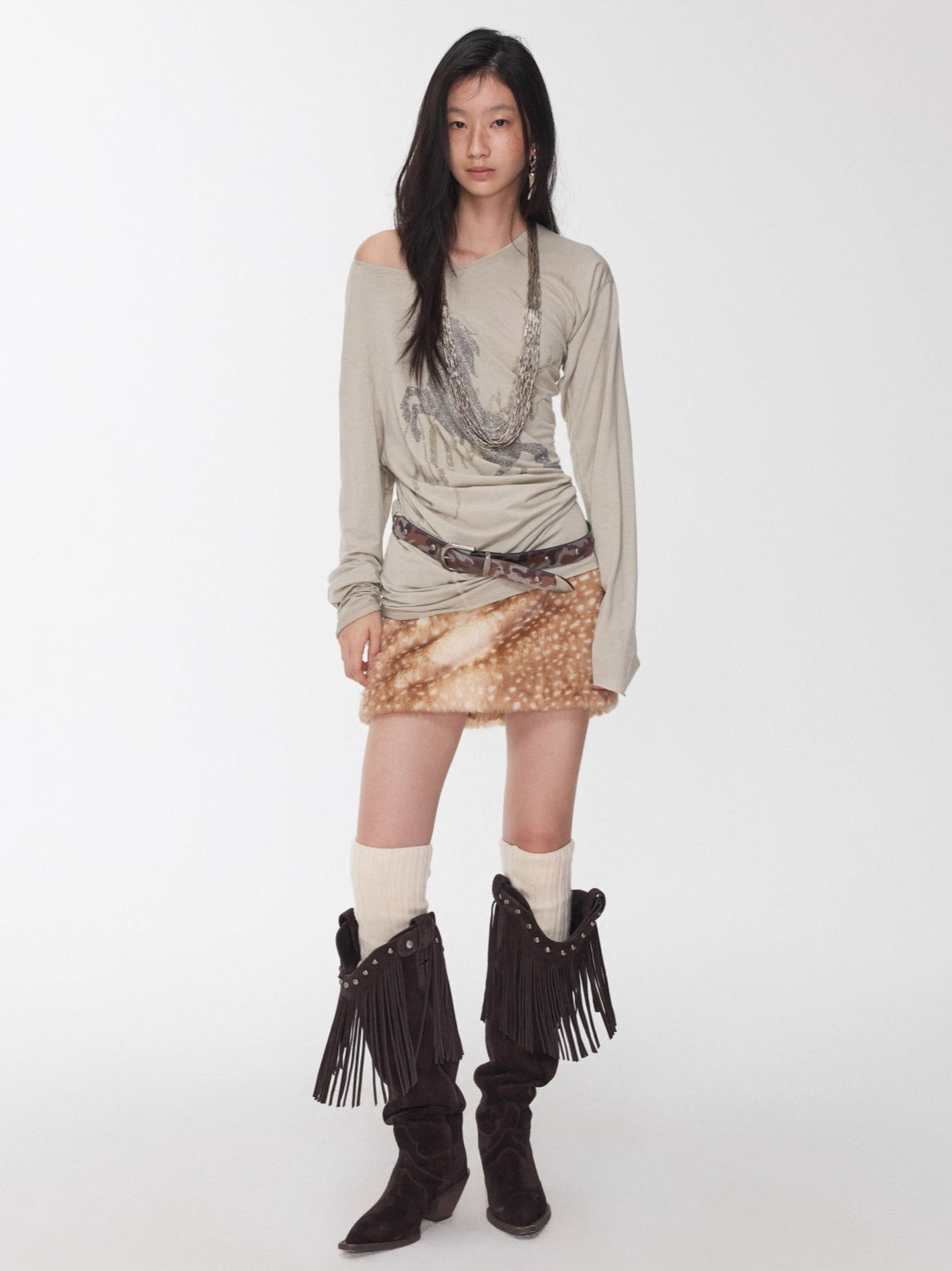 Vintage Deer Print Faux Fur Skirt