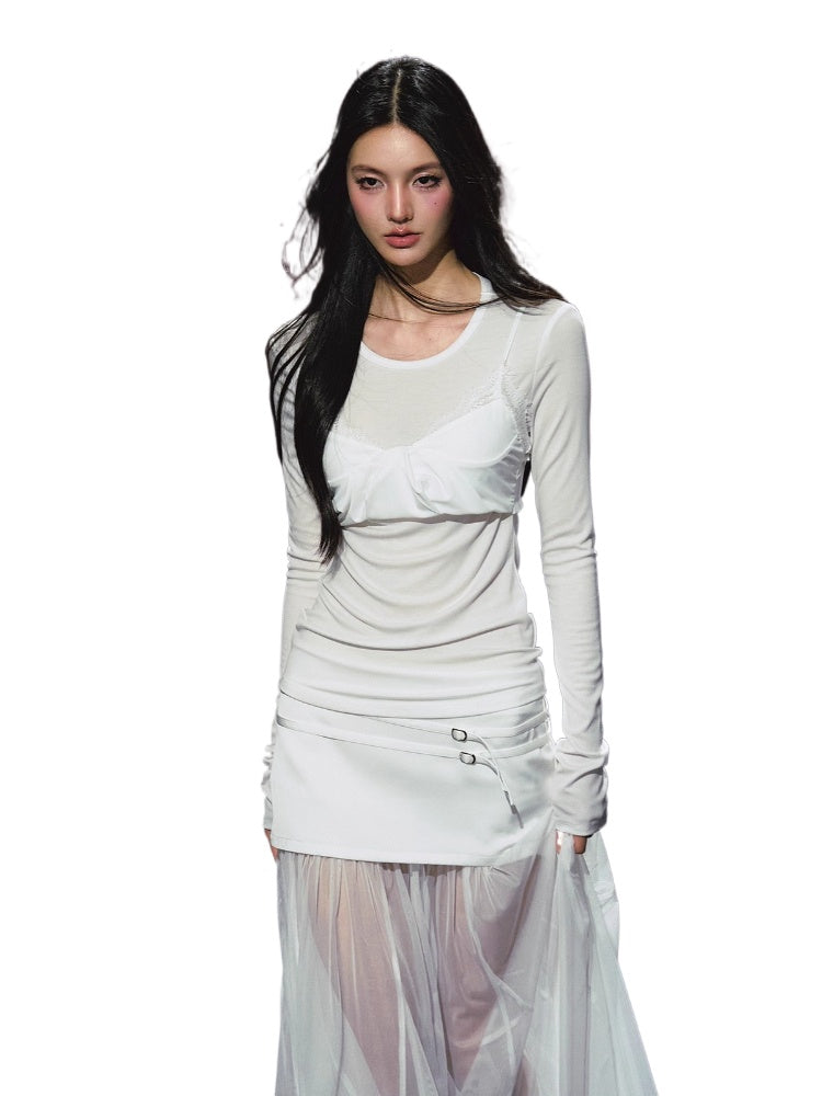 Lyocell Fake Two-piece Sheer Blouse &amp; Skirt Set