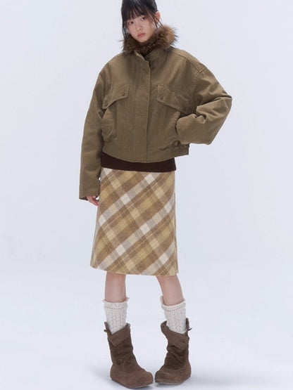 Yellow Plaid Wool-Blend Midi Skirt