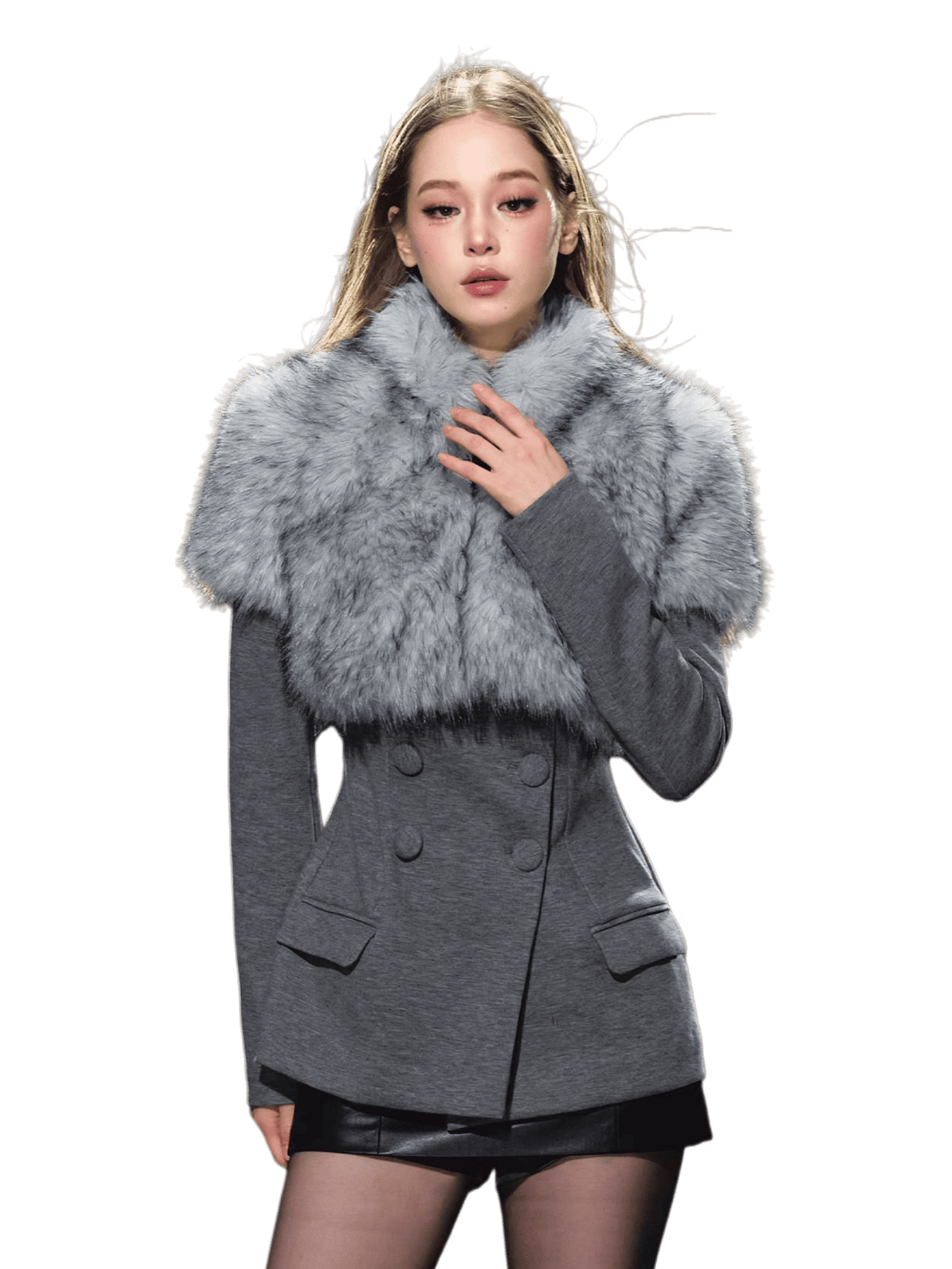 Faux Fur Collar Layered Double-Breasted Blazer Set