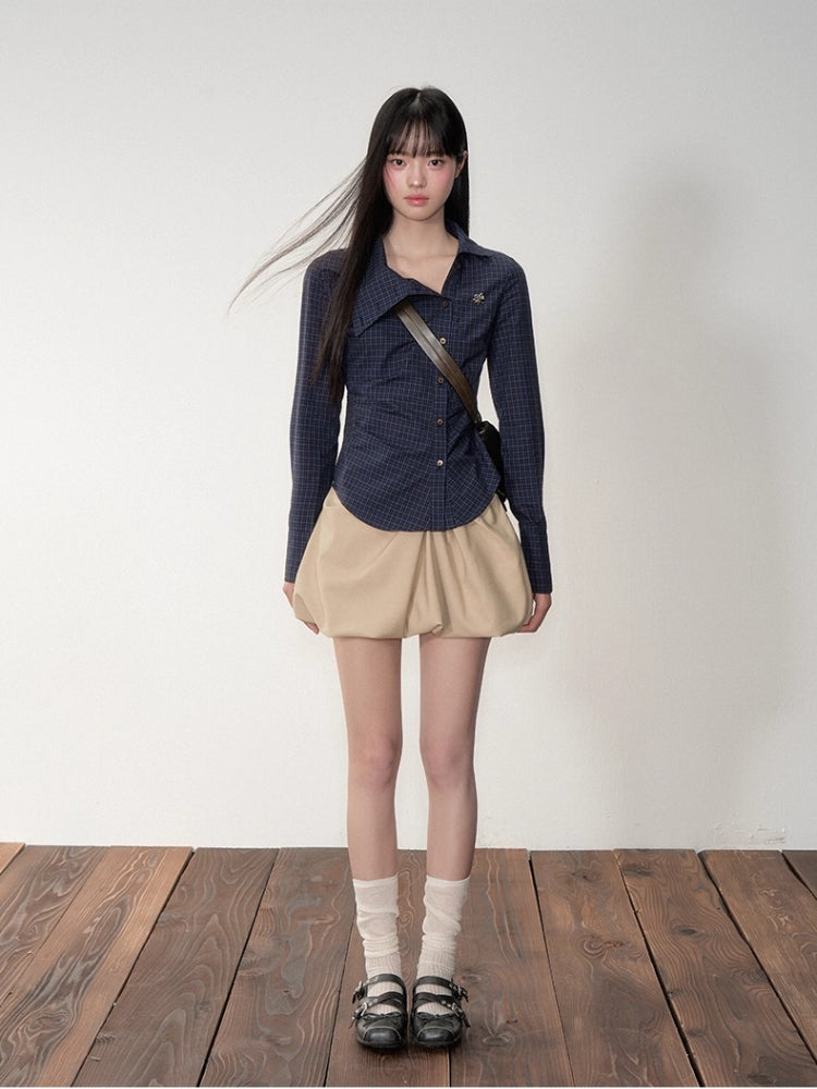 Navy Blue Asymmetric Collar Checked Shirt