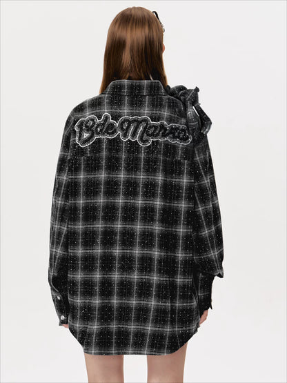 Vintage Plaid Crystal Bear Mid-Length Shirt