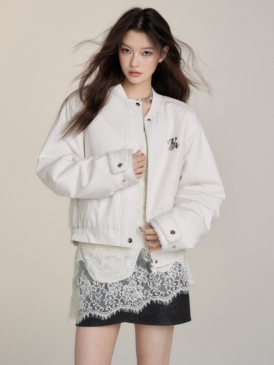 Fur Collar Two-Way Fuzzy Baseball Jacket