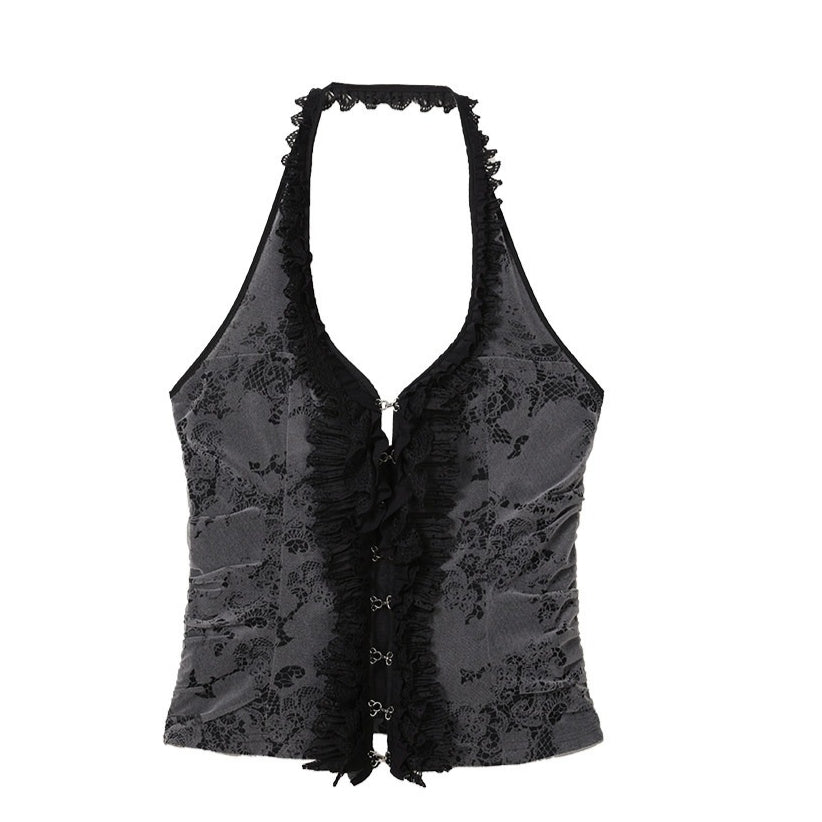 Lace Ruffle Floral Halterneck Camisole