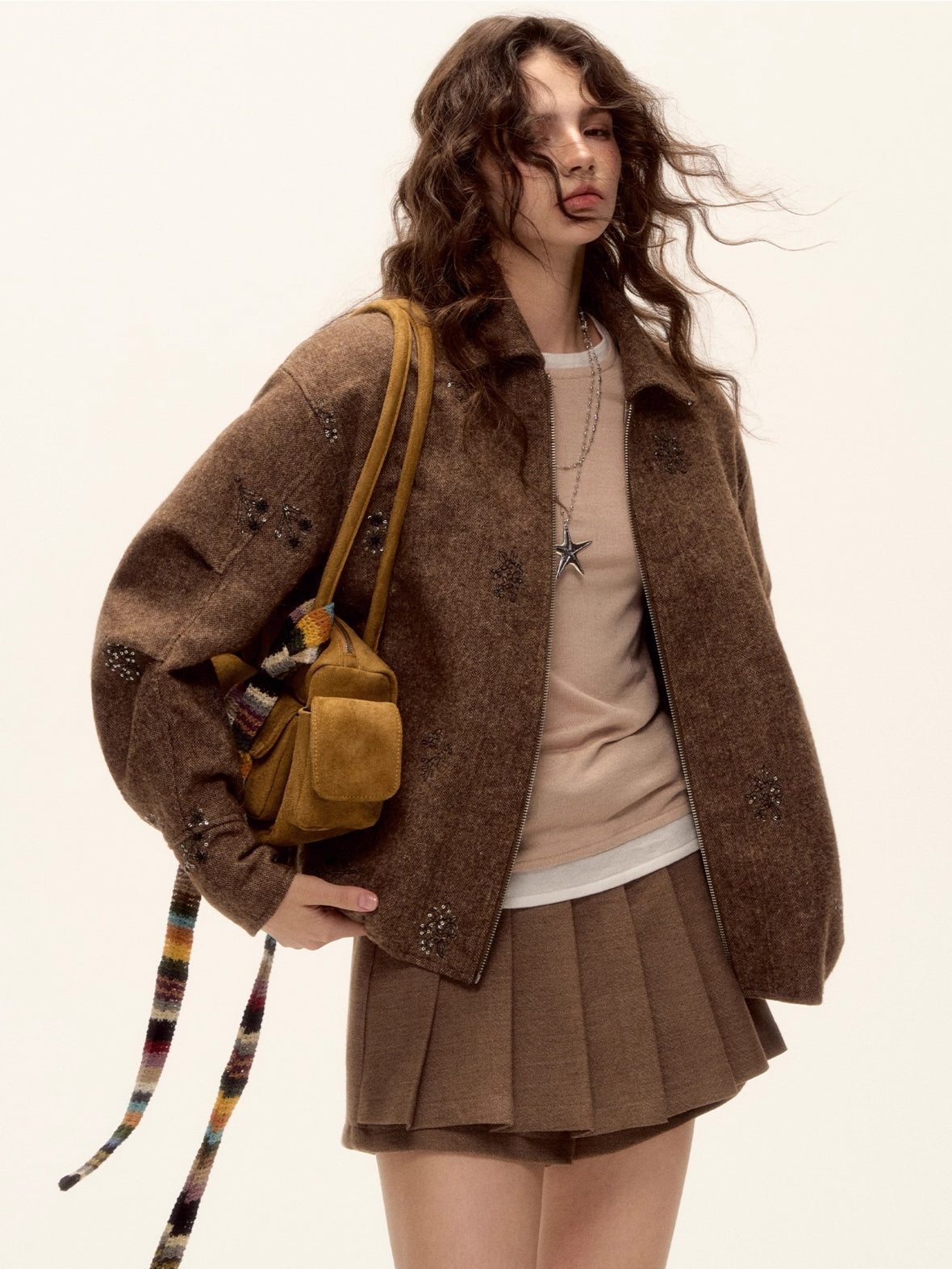 Sequin Embroidered Plaid Wool Blouson Jacket