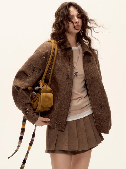 Sequin Embroidered Plaid Wool Blouson Jacket