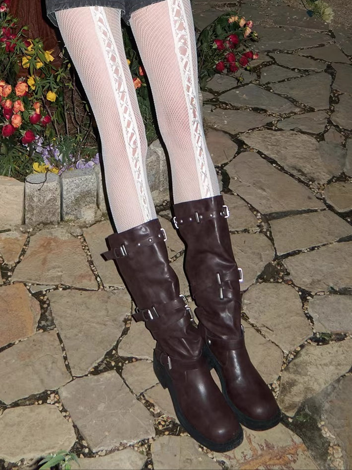 Multi-Strap Studded Mid-Calf Biker Boots