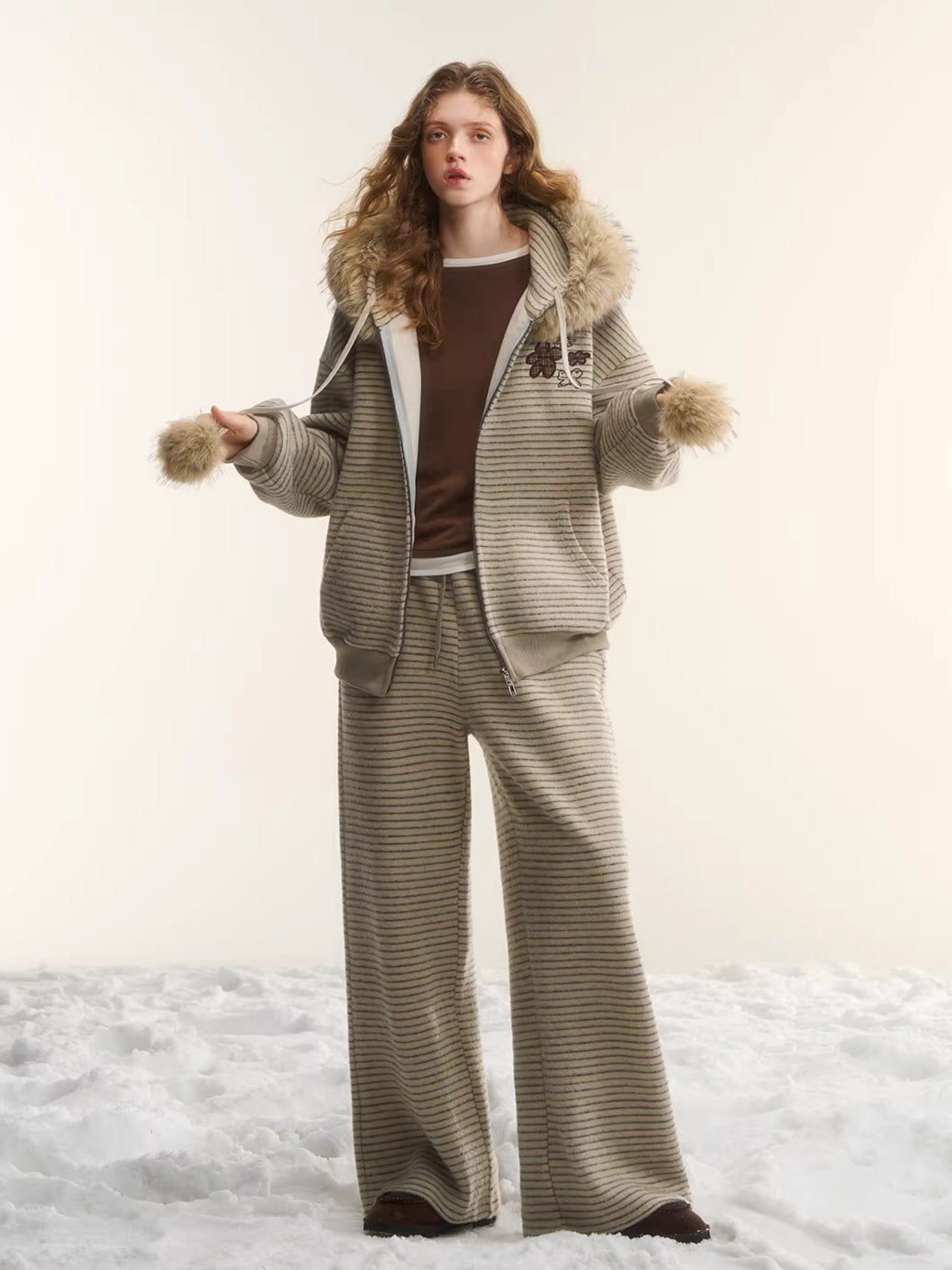 Plush Plaid Patchwork Jacket &amp; Straight-Leg Pants Set