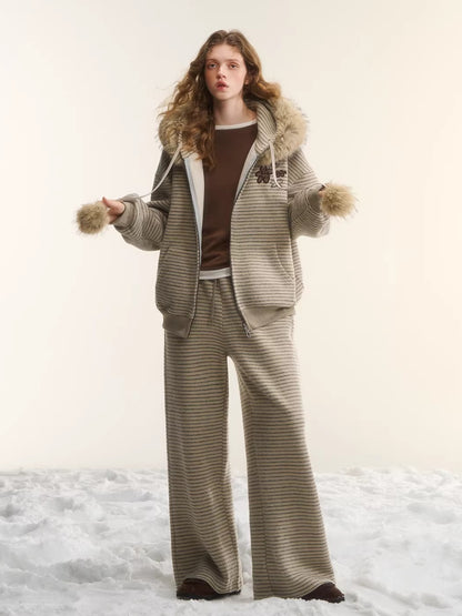 Plush Plaid Patchwork Jacket &amp; Straight-Leg Pants Set