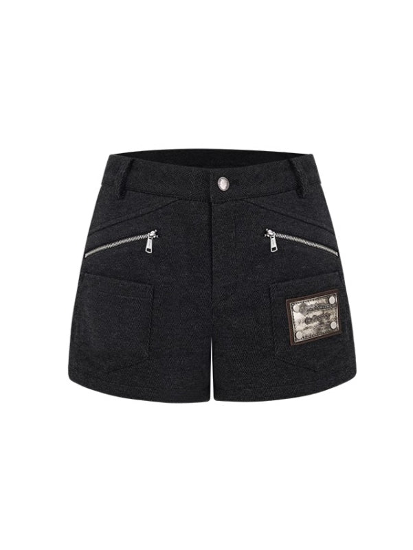 Black Herringbone Multi-Pocket Straight Shorts