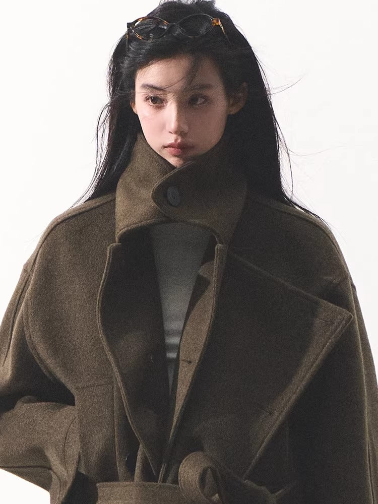Waist-Defining Silhouette Stand-Collar Wool Coat