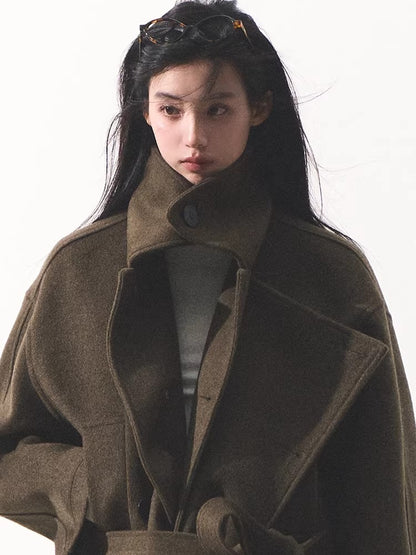 Waist-Defining Silhouette Stand-Collar Wool Coat