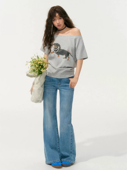 Pearl Embellished Dachshund Off-Shoulder T-Shirt