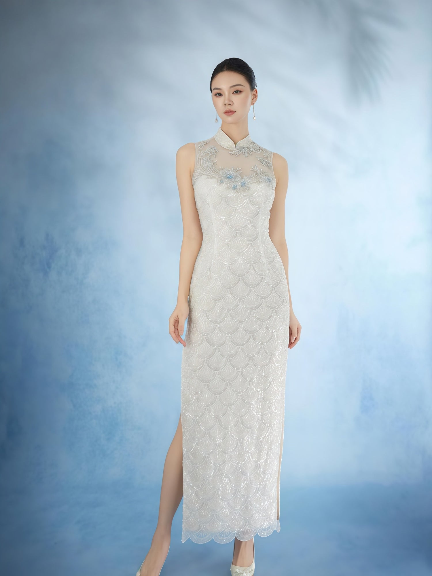 Ivory Embroidered Mandarin Collar Gown with Detachable Bow Train