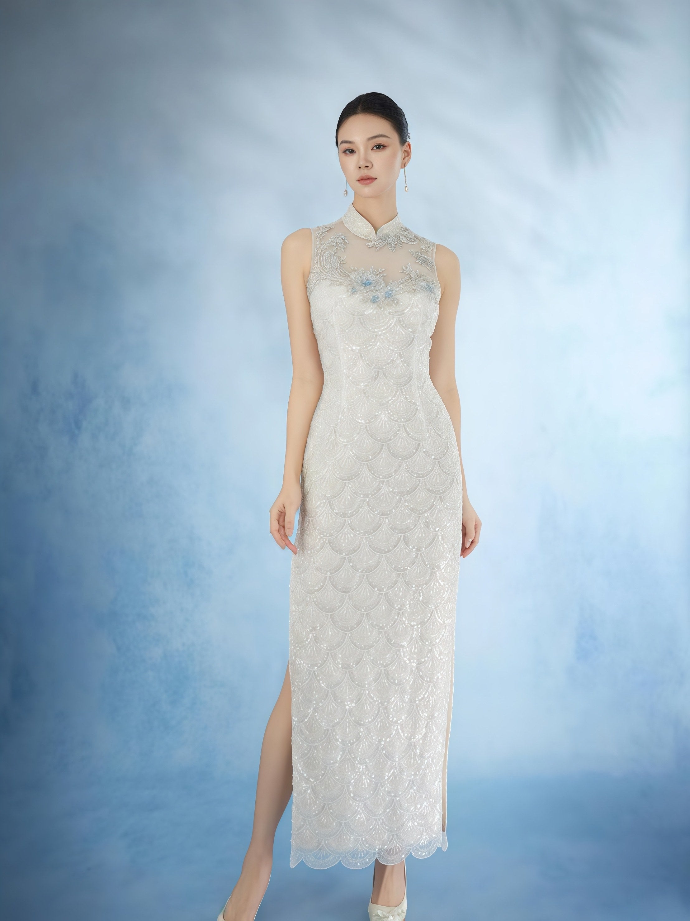 Ivory Embroidered Mandarin Collar Gown with Detachable Bow Train