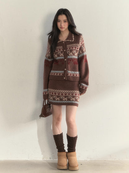 “Puppy Fair Isle” Vintage Knit Cardigan &amp; Skirt Set