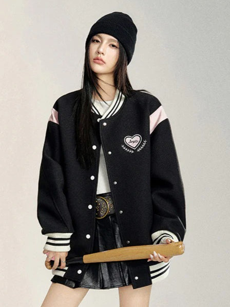 White &amp; Black Heart Embroidered Baseball Jacket