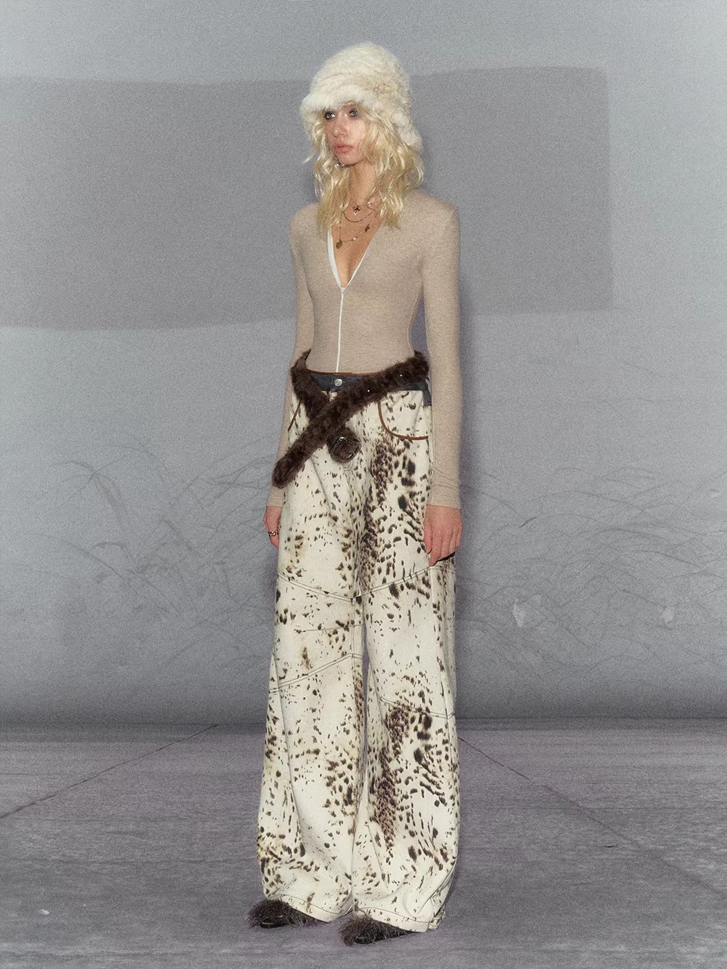 American Leopard Print Wide-Leg Denim Pants