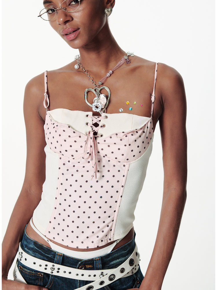 Strappy Contrast Polka Dot Plaid Cami